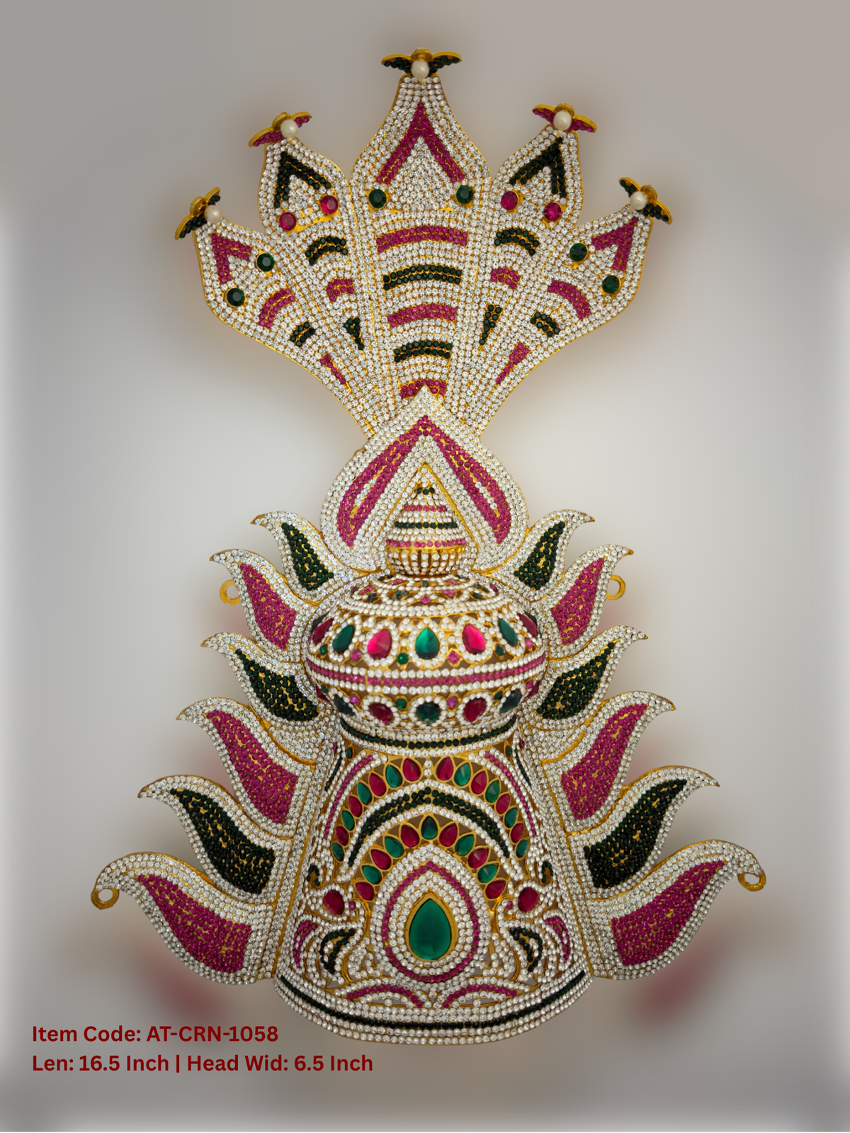 Elevate your deity alankaram with our traditional gold-plated 16.5-inch Crown with Fuchsia Pink, Green, White Coloured Stones.
