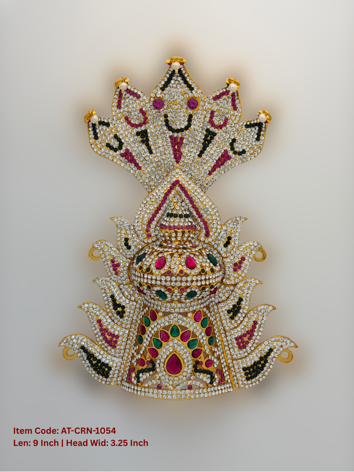Elevate your deity alankaram with our traditional gold-plated 9-inch Crown with Fuchsia Pink, Green, White Coloured Stones.