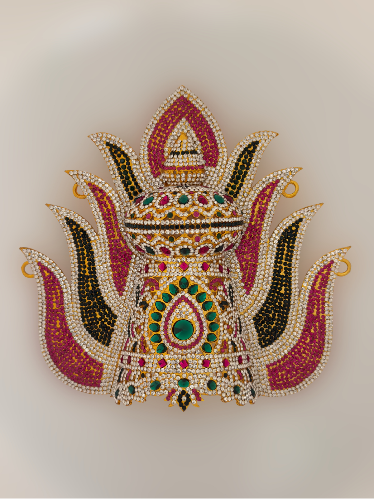 Elevate your deity alankaram with our traditional gold-plated 9.5-inch Crown with Fuchsia Pink, Green, White Coloured Stones.