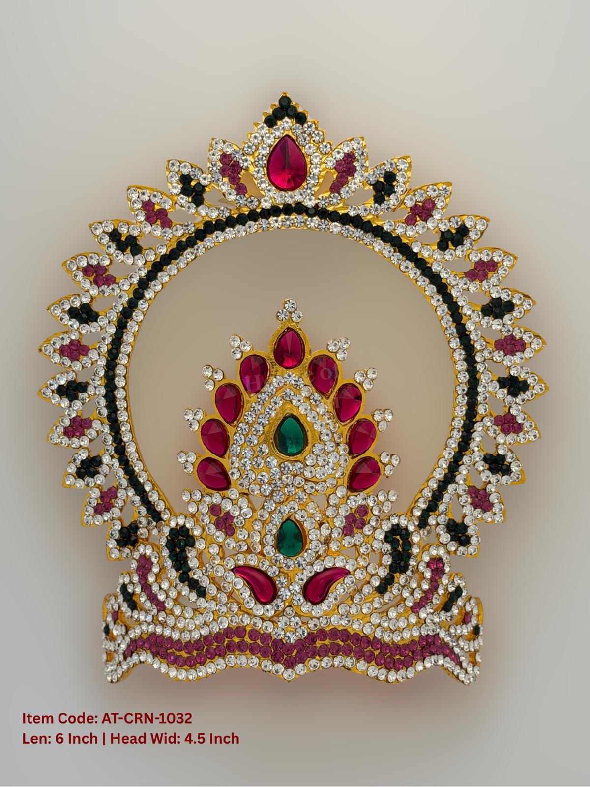 Elevate your deity alankaram with our traditional gold-plated 6-inch Crown with Fuchsia Pink, Green, White Coloured Stones.