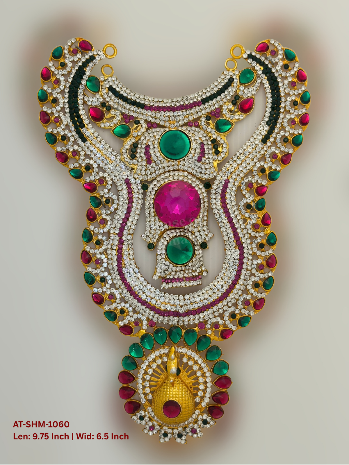 Elevate your deity alankaram with our traditional gold-plated 9.75-inch Swamy Haram with Fuchsia Pink, Green, White Coloured Stones.