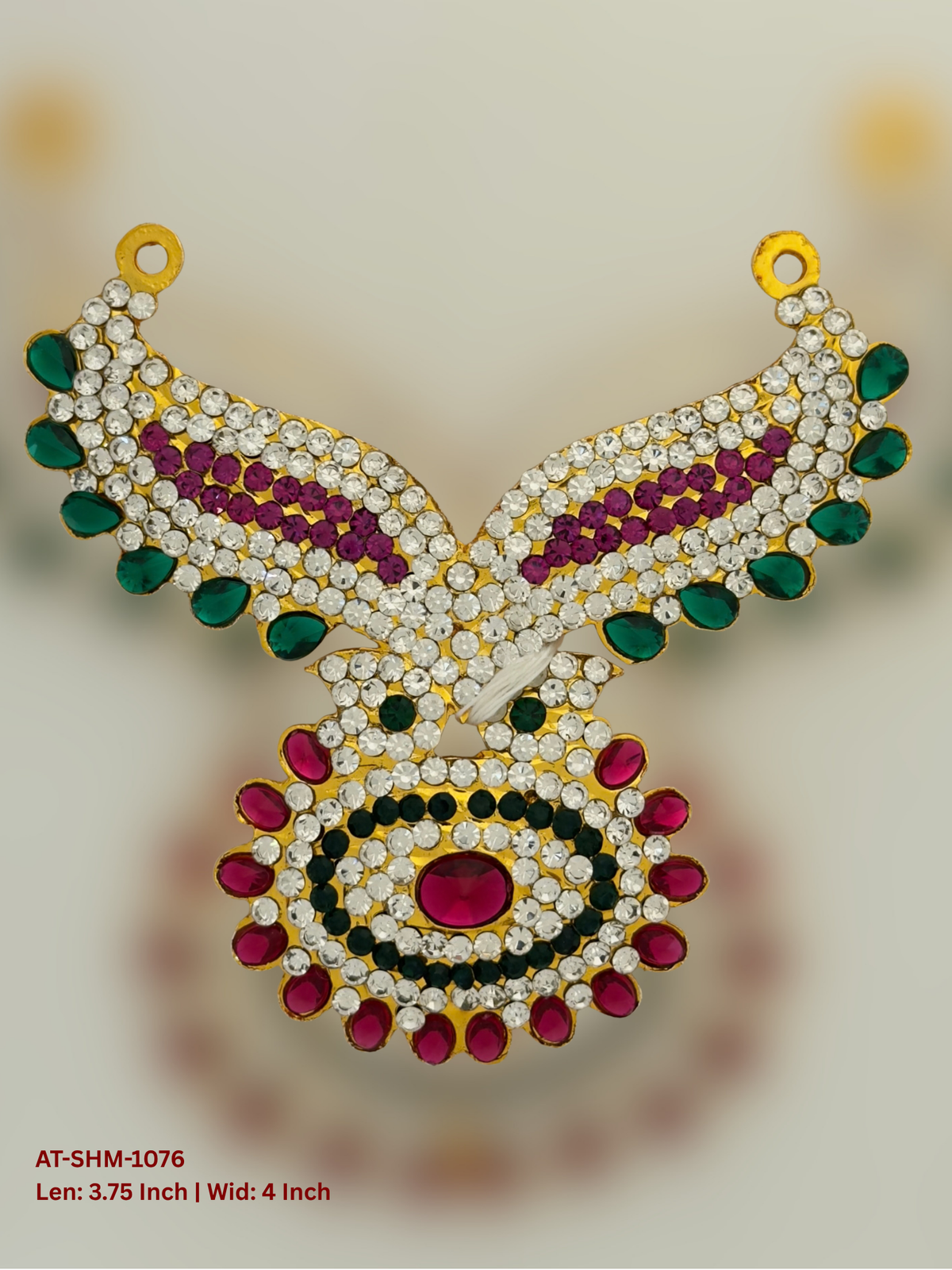 Elevate your deity alankaram with our traditional gold-plated 3.75-inch Swamy Haram with Fuchsia Pink, Green, White Coloured Stones.