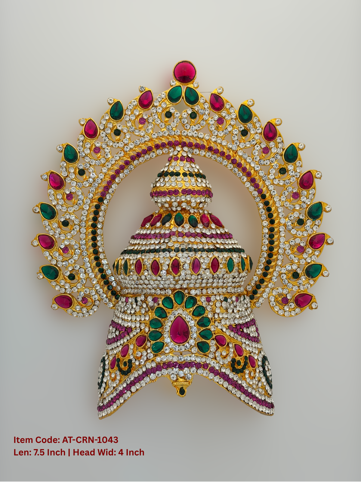 Elevate your deity alankaram with our traditional gold-plated 7.5-inch Crown with Fuchsia Pink, Green, White Coloured Stones.
