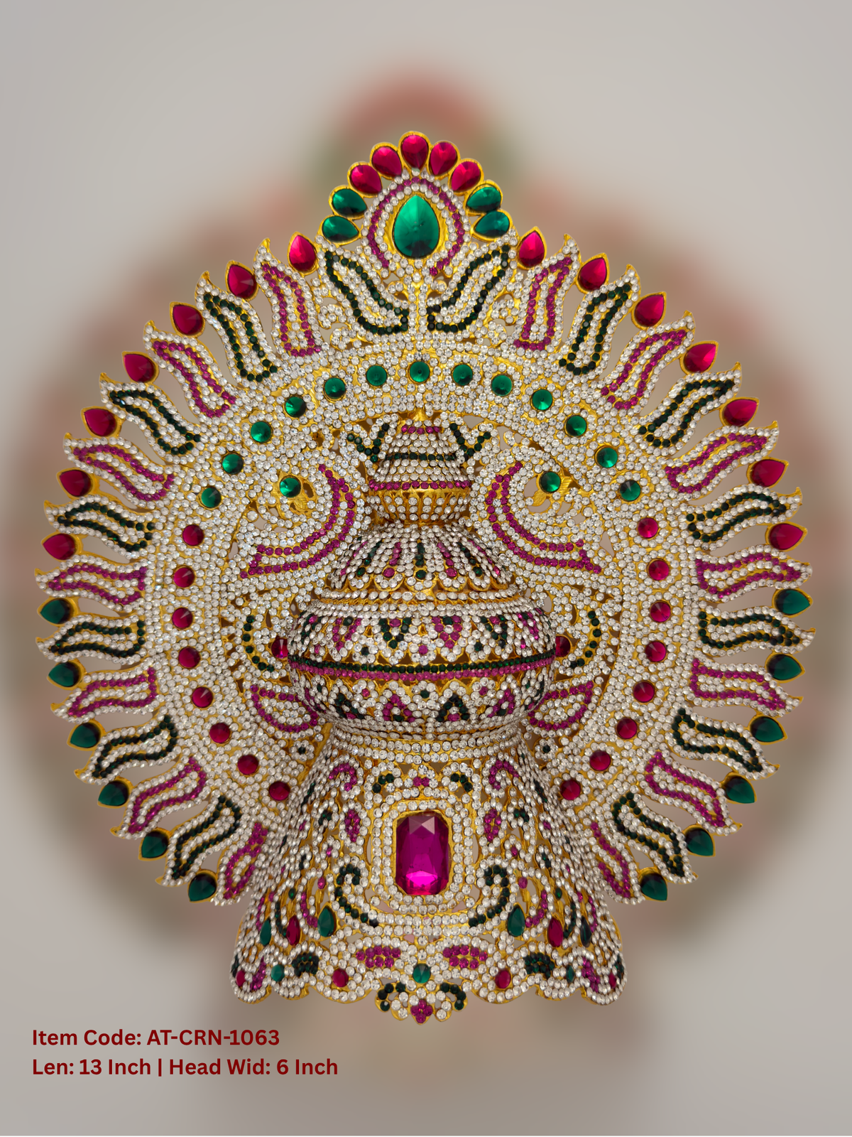 Elevate your deity alankaram with our traditional gold-plated 13-inch Crown with Fuchsia Pink, Green, White Coloured Stones.