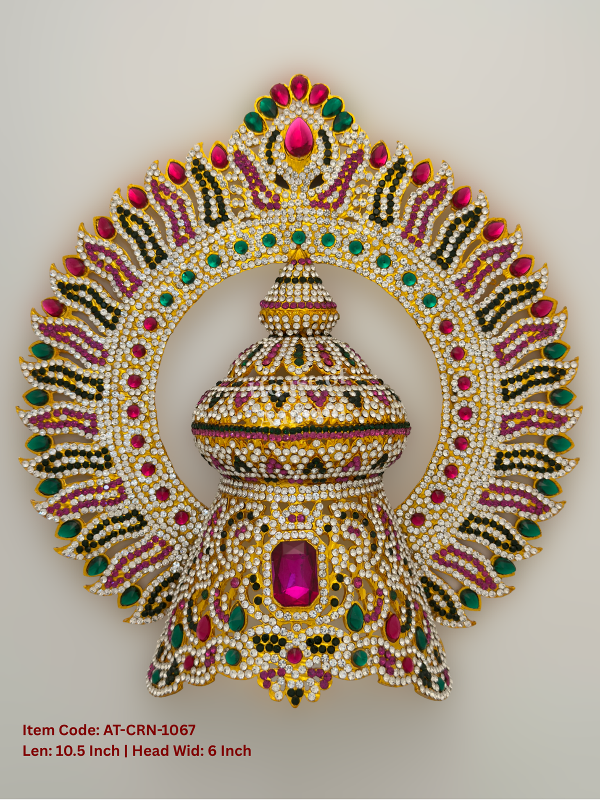 Elevate your deity alankaram with our traditional gold-plated 10.5-inch Crown with Fuchsia Pink, Green, White Coloured Stones.