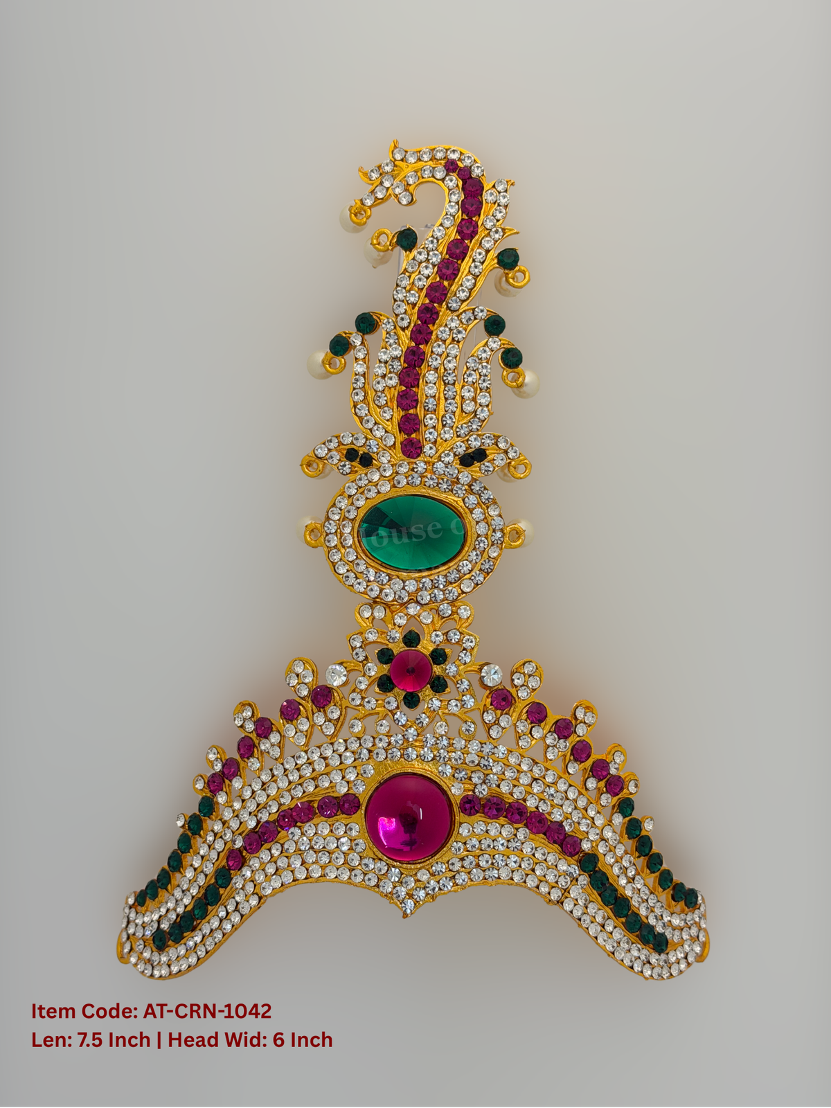 Elevate your deity alankaram with our traditional gold-plated 7.5-inch Crown with Fuchsia Pink, Green, White Coloured Stones.