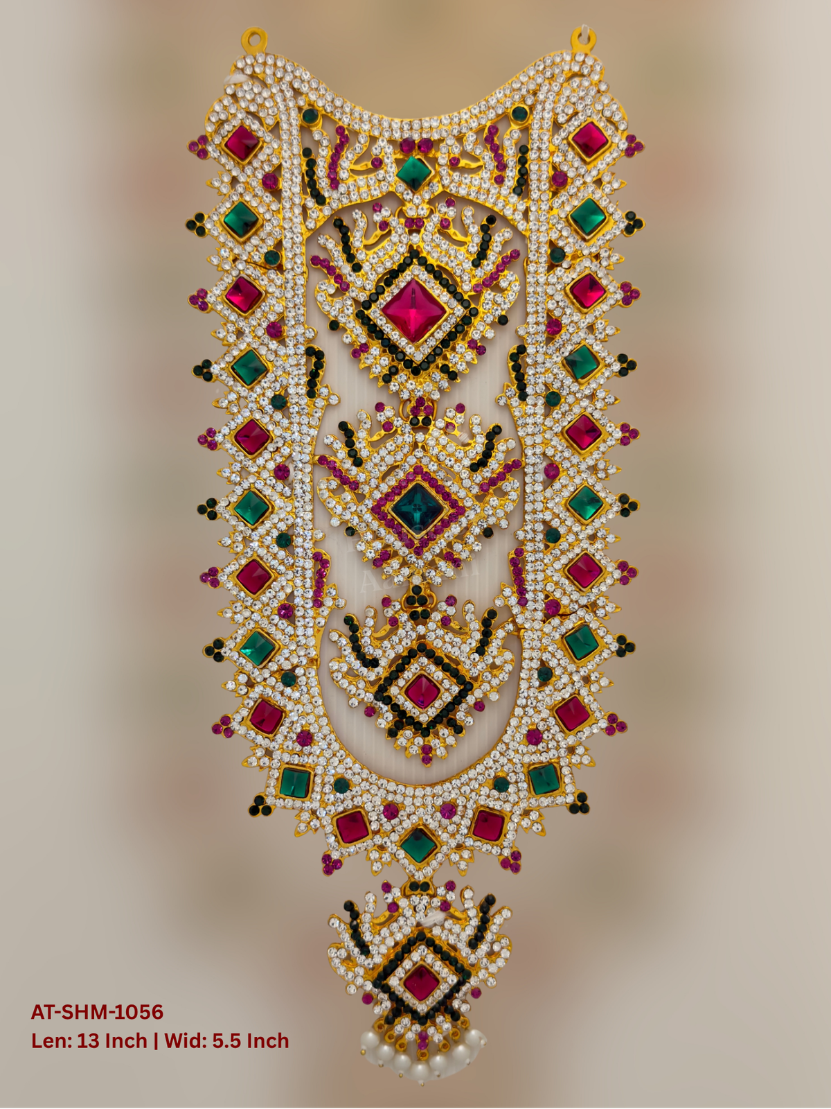 Elevate your deity alankaram with our traditional gold-plated 13-inch Swamy Haram with Fuchsia Pink, Green, White Coloured Stones.