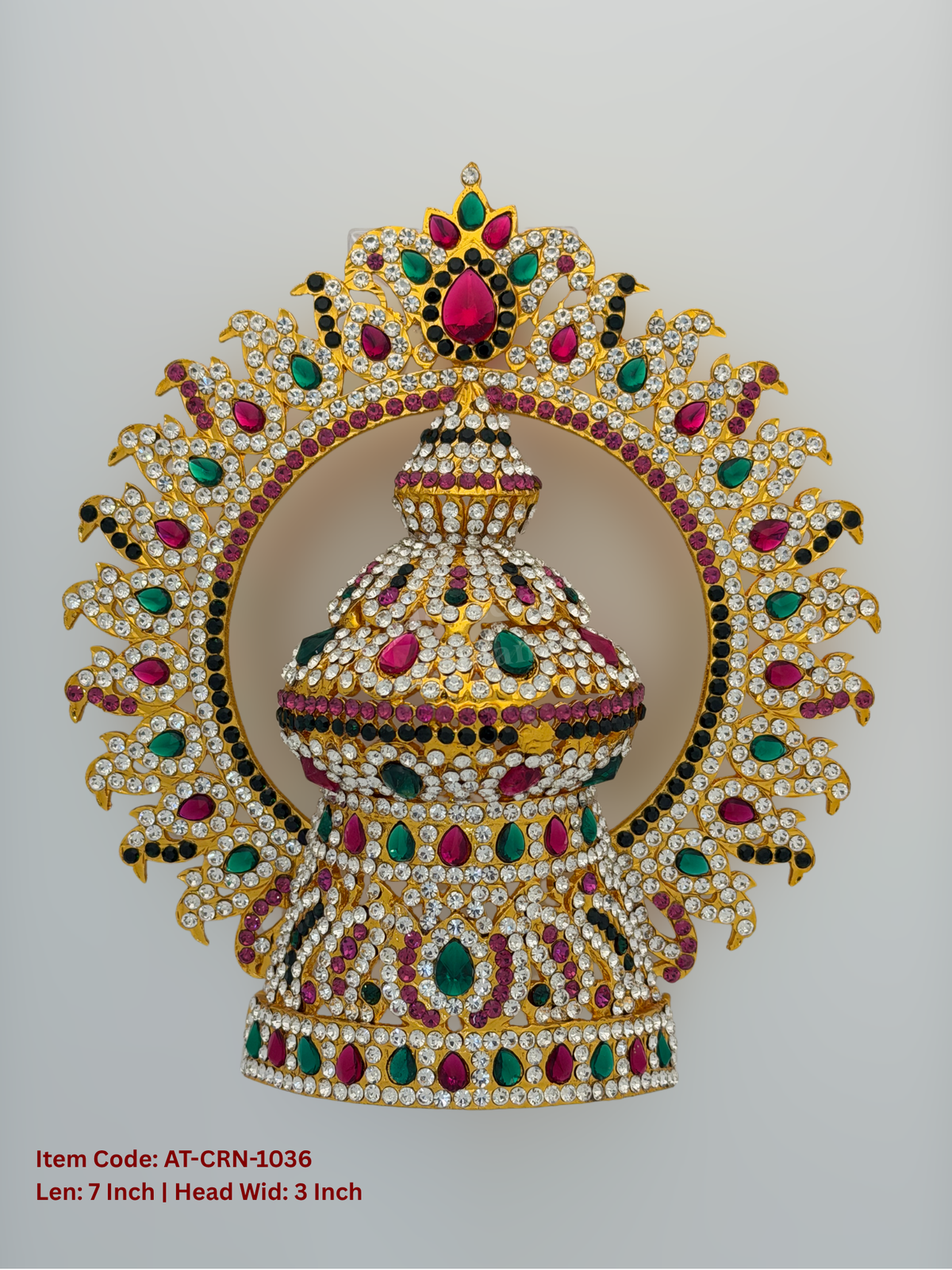 Elevate your deity alankaram with our traditional gold-plated 7-inch Crown with Fuchsia Pink, Green, White Coloured Stones.