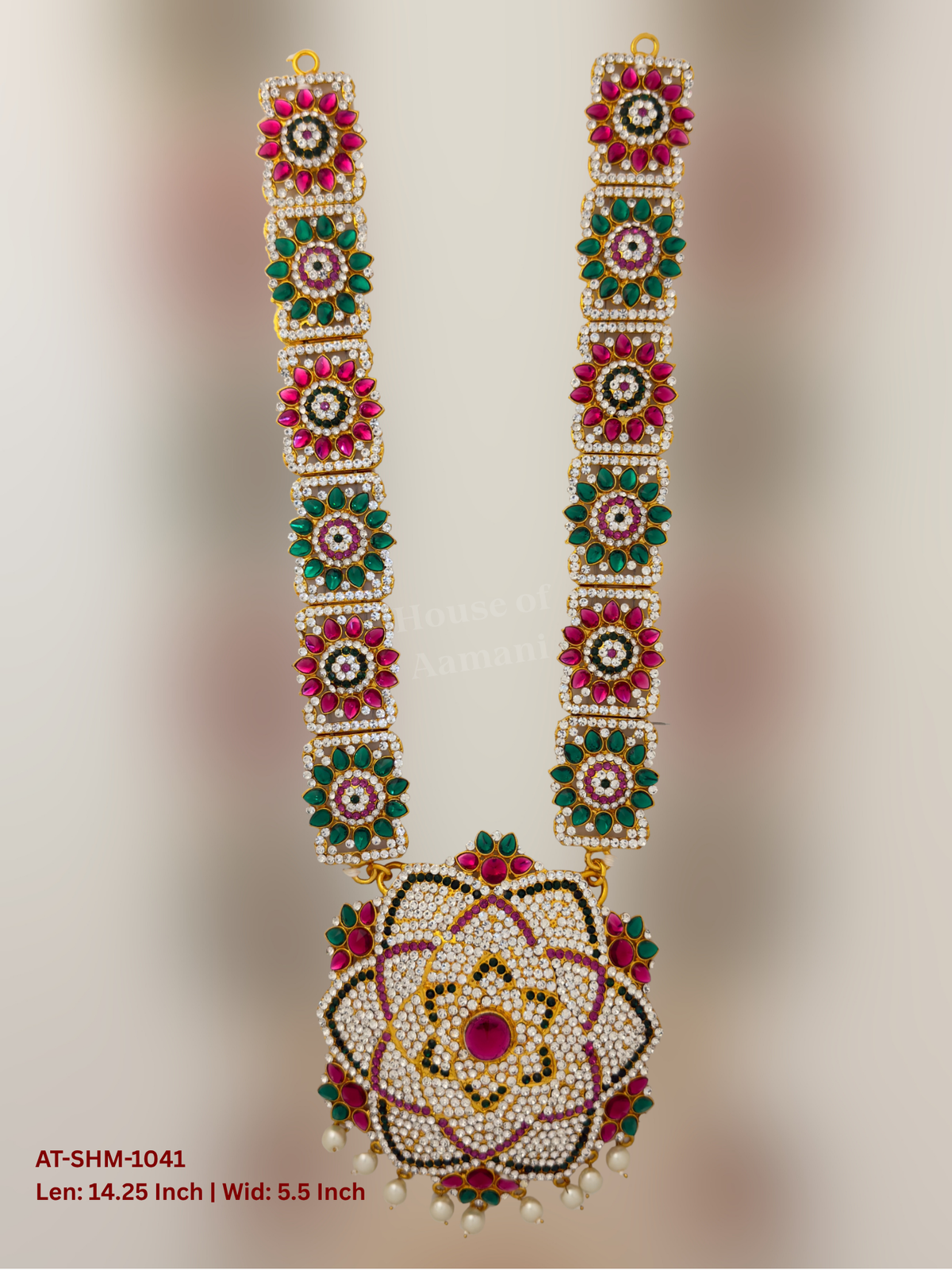 Elevate your deity alankaram with our traditional gold-plated 14.25-inch Swamy Haram with Fuchsia Pink, Green, White Coloured Stones.