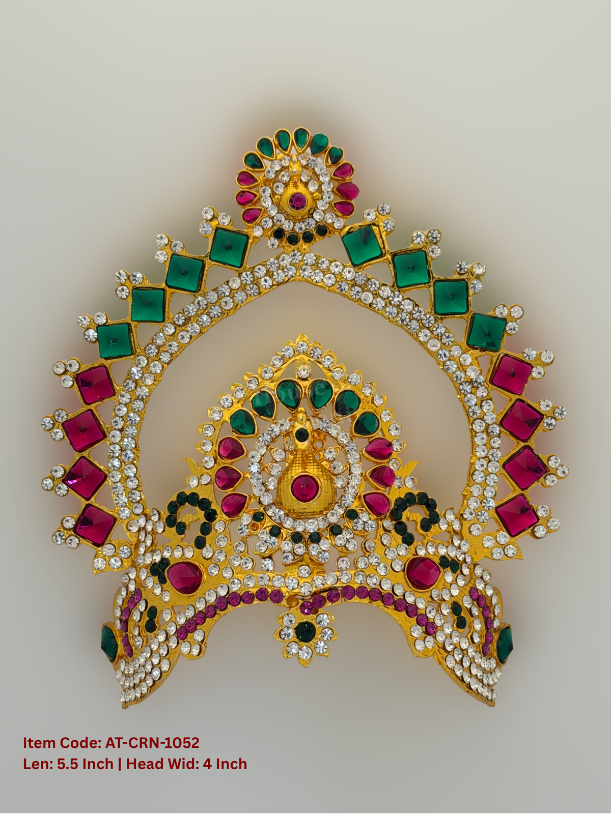 Elevate your deity alankaram with our traditional gold-plated 5.5-inch Crown with Fuchsia Pink, Green, White Coloured Stones.