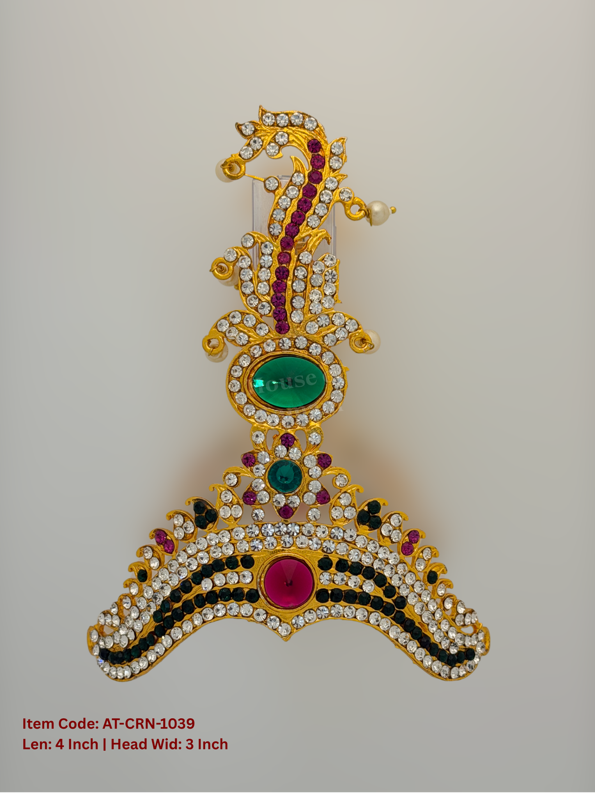 Elevate your deity alankaram with our traditional gold-plated 4-inch Crown with Fuchsia Pink, Green, White Coloured Stones.