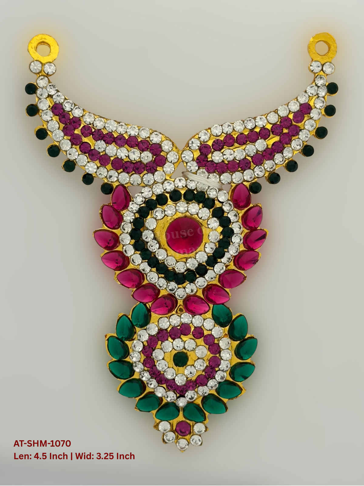 Elevate your deity alankaram with our traditional gold-plated 4.5-inch Swamy Haram with Fuchsia Pink, Green, White Coloured Stones.