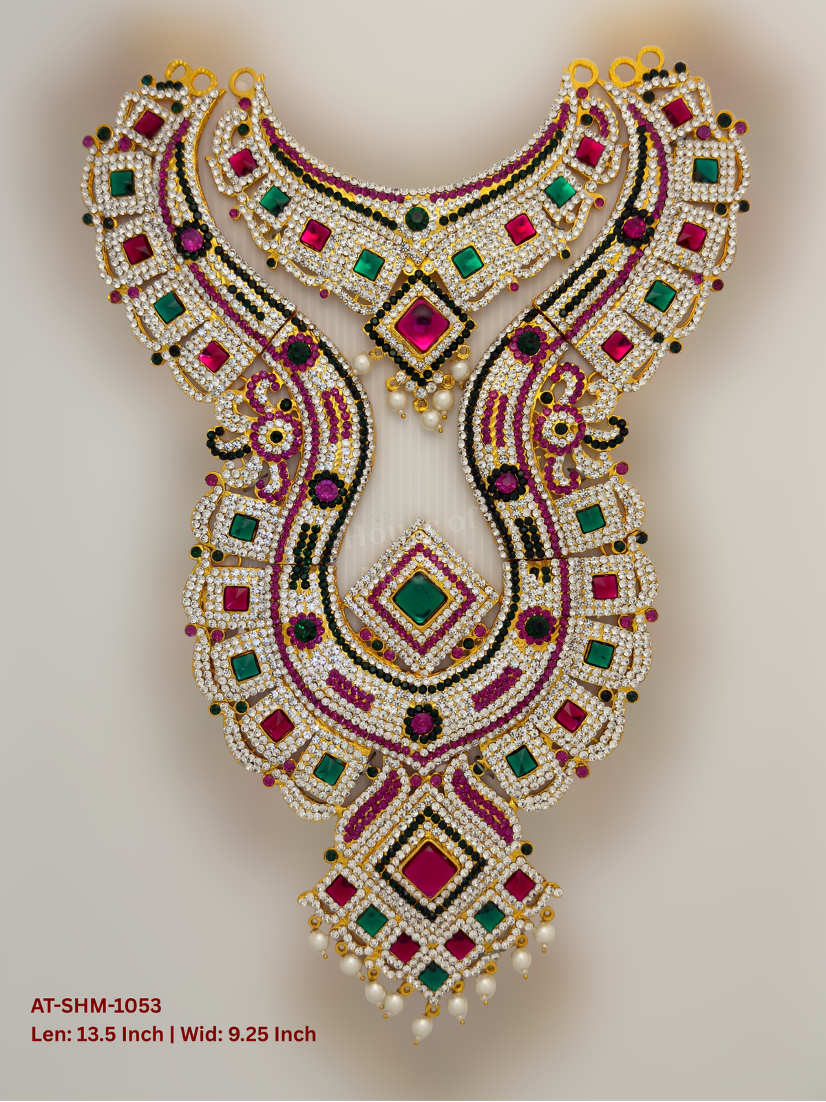 Elevate your deity alankaram with our traditional gold-plated 13.5-inch Swamy Haram with Fuchsia Pink, Green, White Coloured Stones.