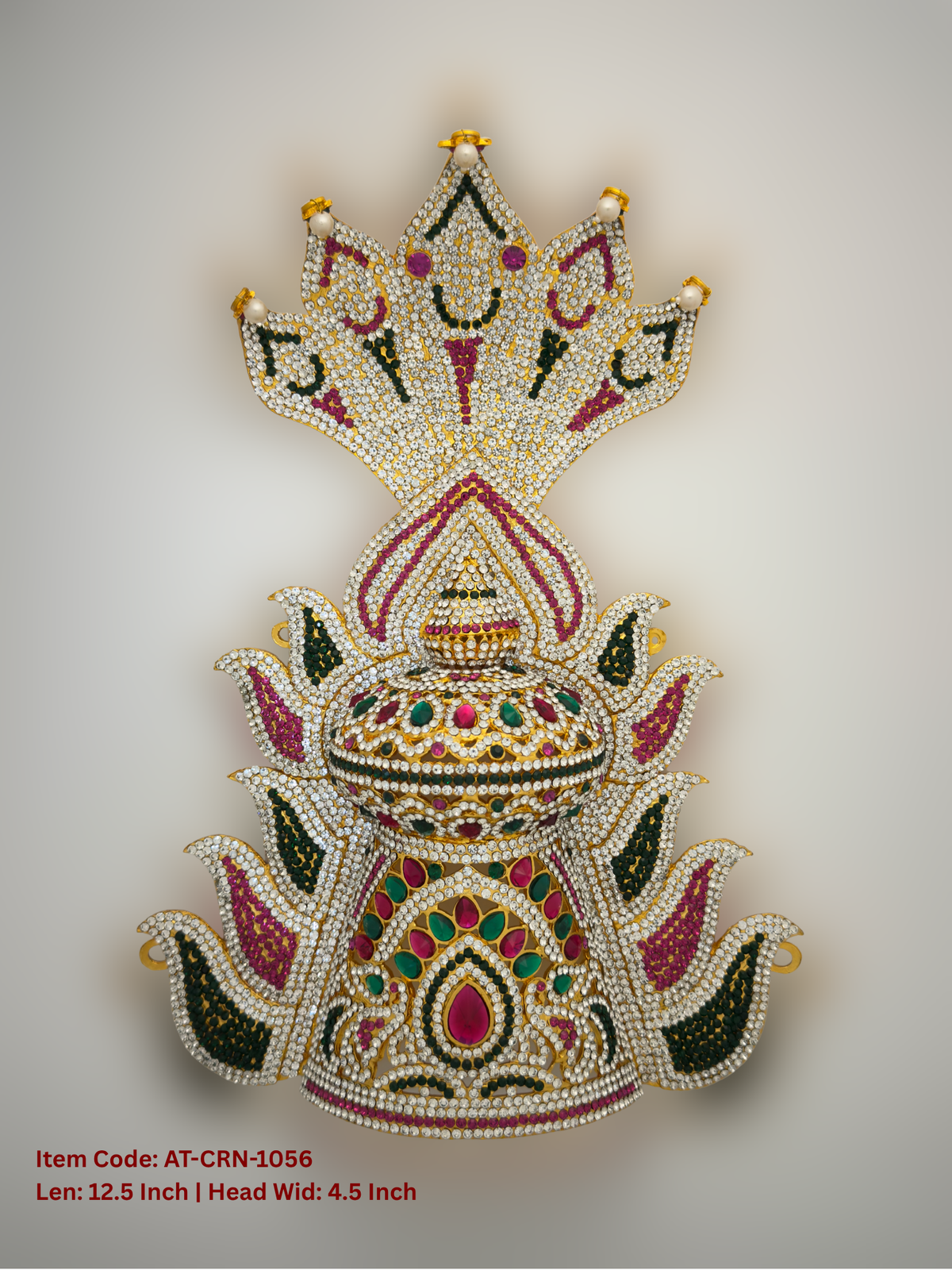 Elevate your deity alankaram with our traditional gold-plated 12.5-inch Crown with Fuchsia Pink, Green, White Coloured Stones.