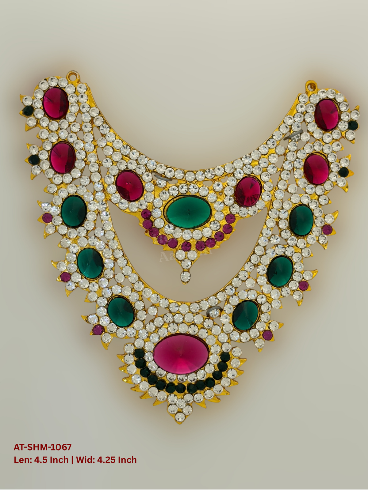 Elevate your deity alankaram with our traditional gold-plated 4.5-inch Swamy Haram with Fuchsia Pink, Green, White Coloured Stones.