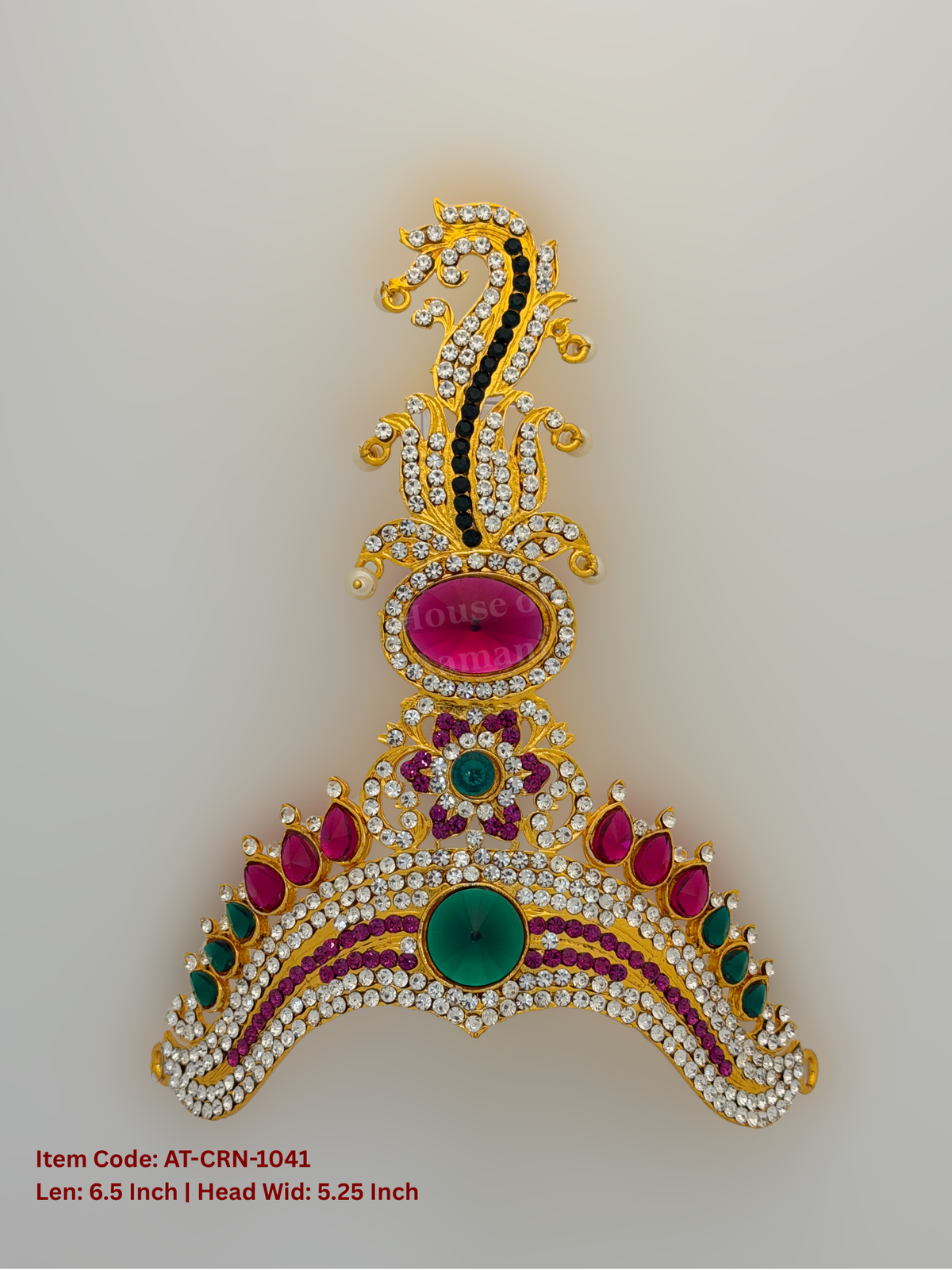 Elevate your deity alankaram with our traditional gold-plated 6.5-inch Crown with Fuchsia Pink, Green, White Coloured Stones.