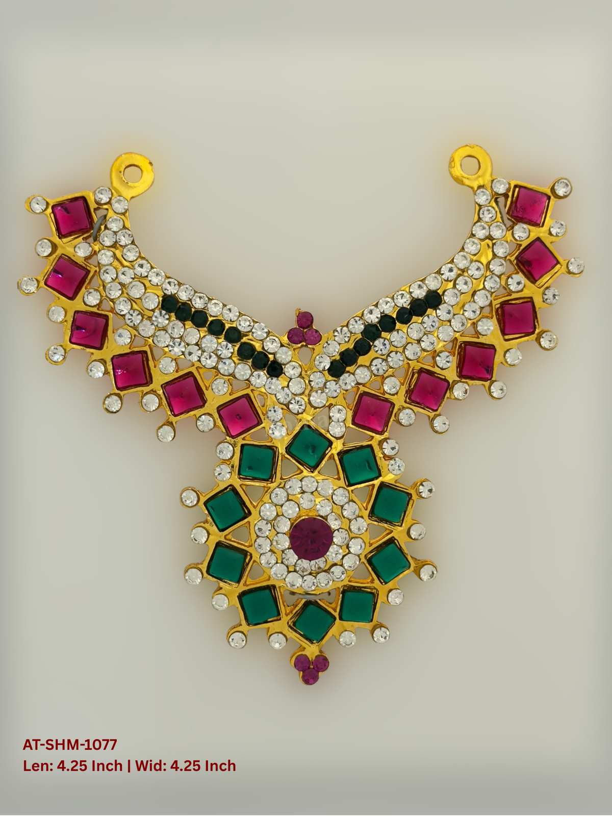 Elevate your deity alankaram with our traditional gold-plated 4.25-inch Swamy Haram with Fuchsia Pink, Green, White Coloured Stones.