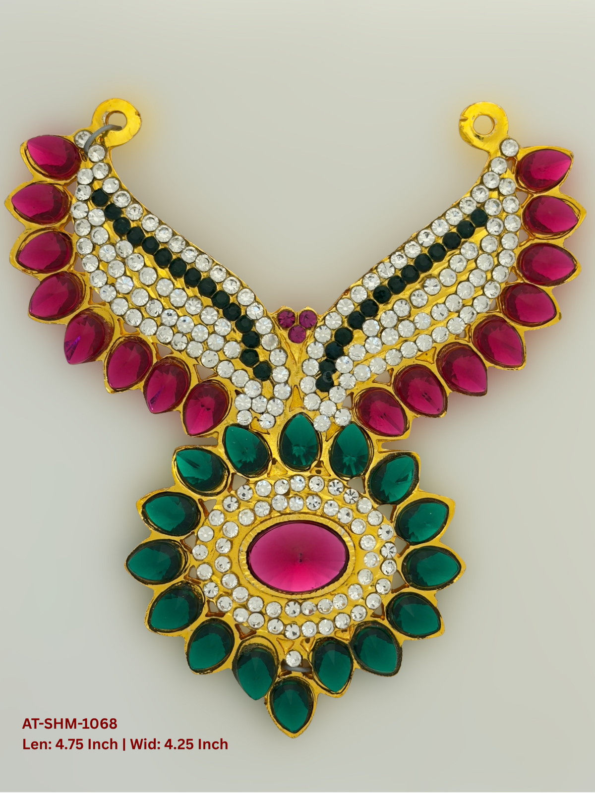 Elevate your deity alankaram with our traditional gold-plated 4.75-inch Swamy Haram with Fuchsia Pink, Green, White Coloured Stones.