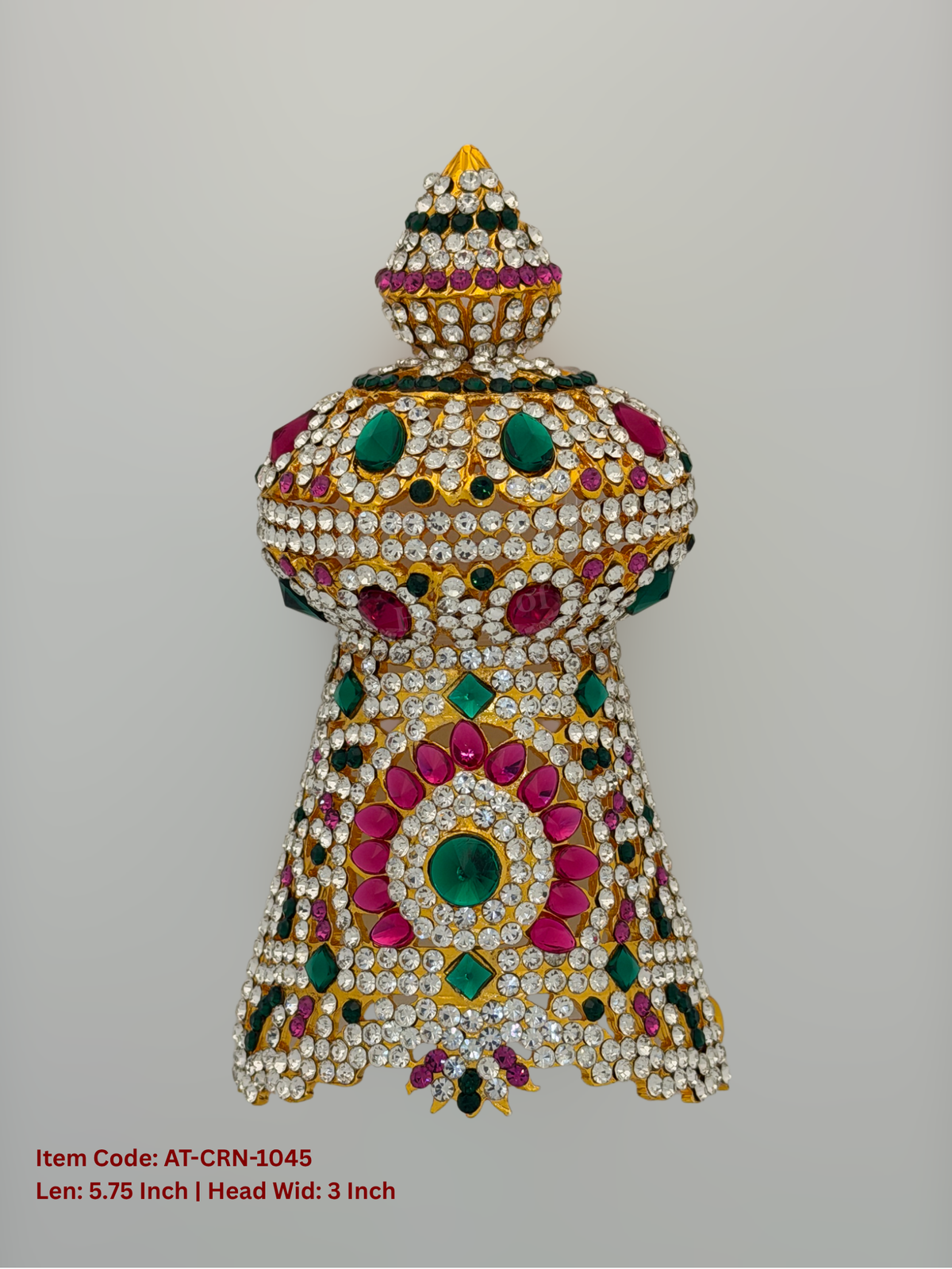 Elevate your deity alankaram with our traditional gold-plated 5.75-inch Crown with Fuchsia Pink, Green, White Coloured Stones.