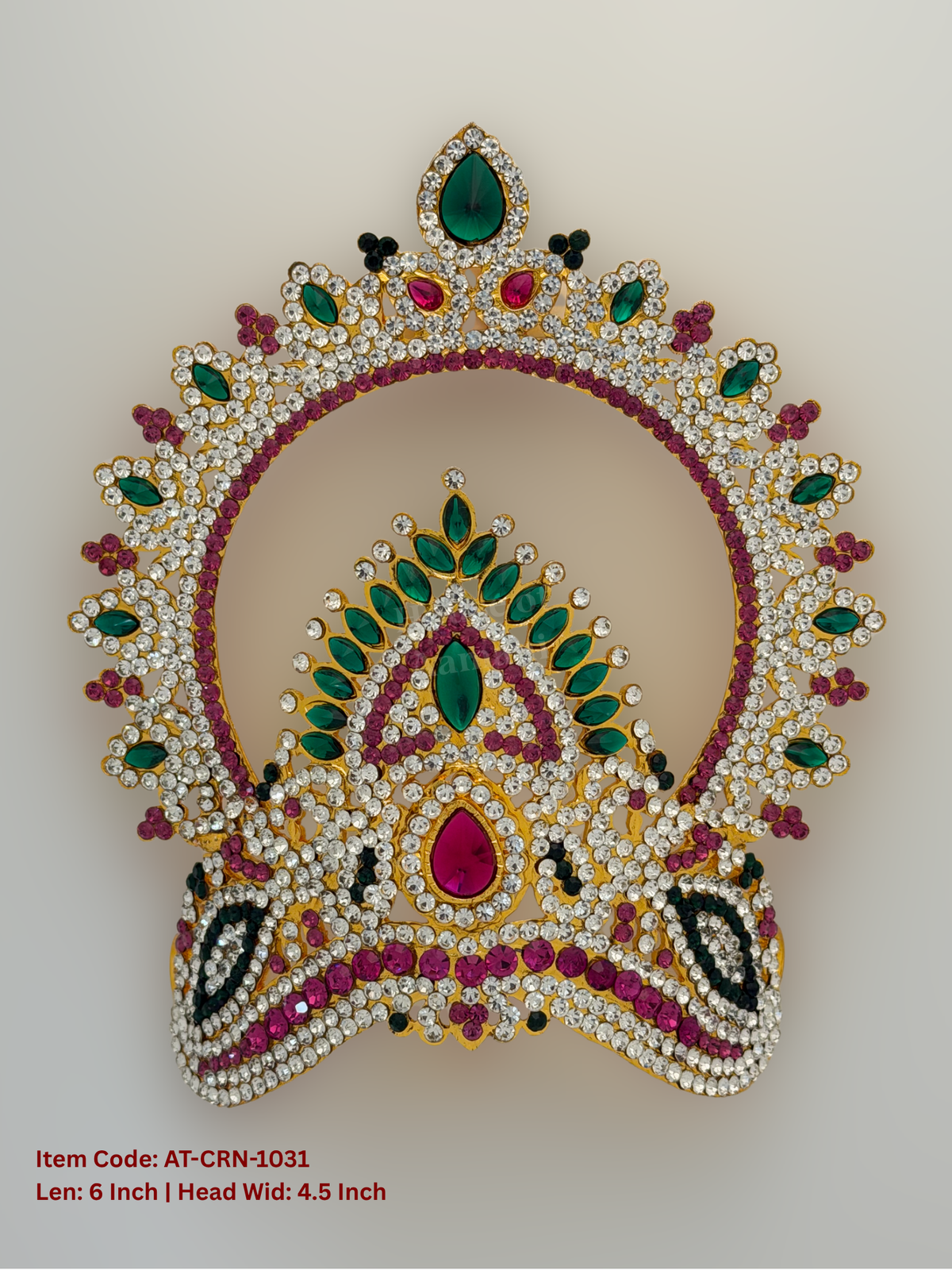 Elevate your deity alankaram with our traditional gold-plated 6-inch Crown with Fuchsia Pink, Green, White Coloured Stones.