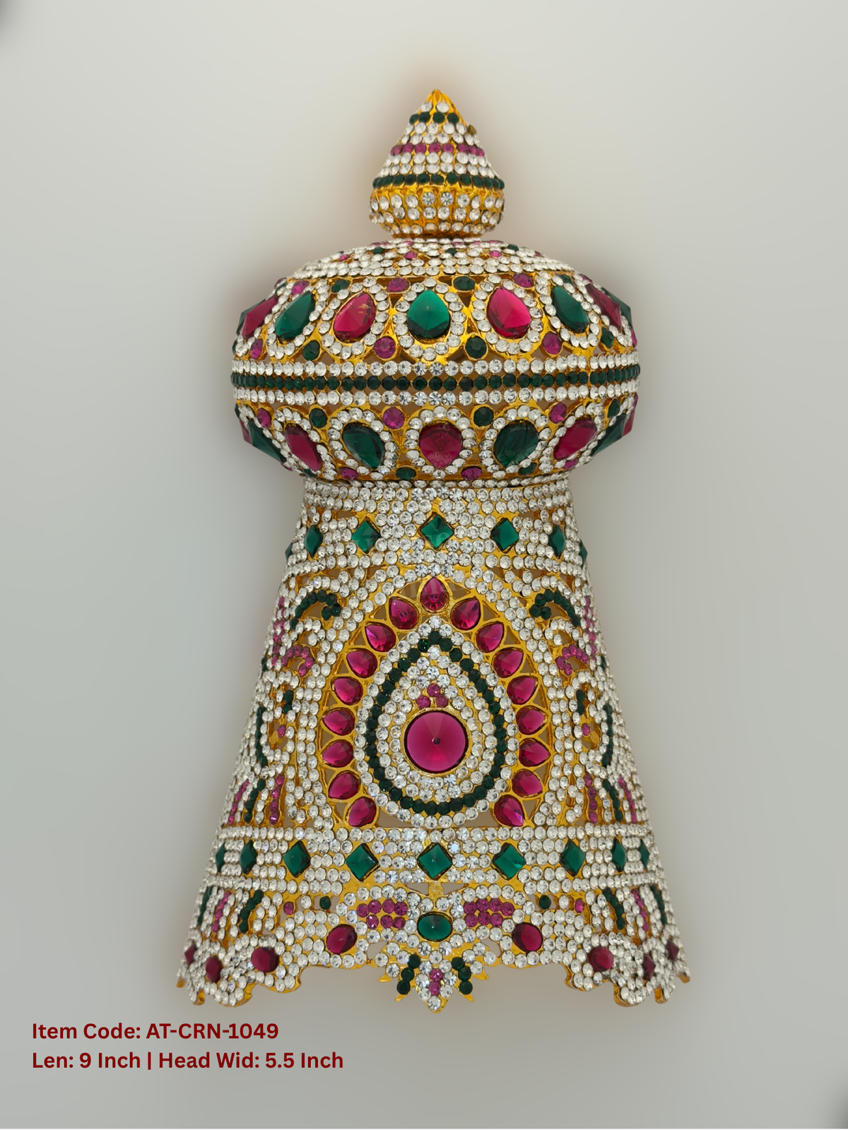 Elevate your deity alankaram with our traditional gold-plated 9-inch Crown with Fuchsia Pink, Green, White Coloured Stones.