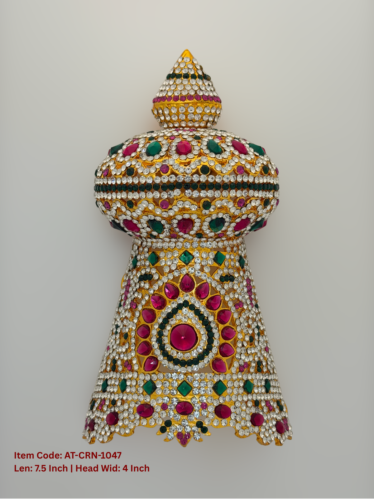 Elevate your deity alankaram with our traditional gold-plated 7.5-inch Crown with Fuchsia Pink, Green, White Coloured Stones.