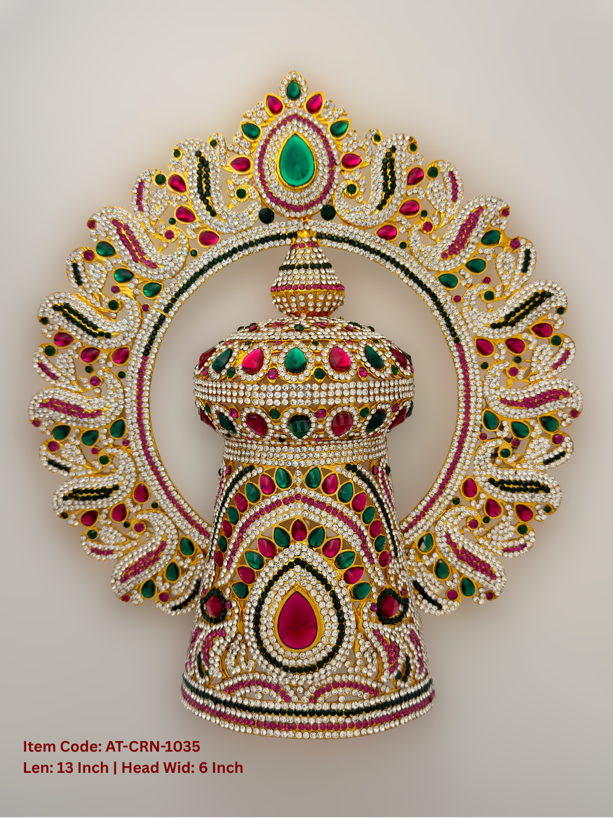 Elevate your deity alankaram with our traditional gold-plated 13-inch Crown with Fuchsia Pink, Green, White Coloured Stones.