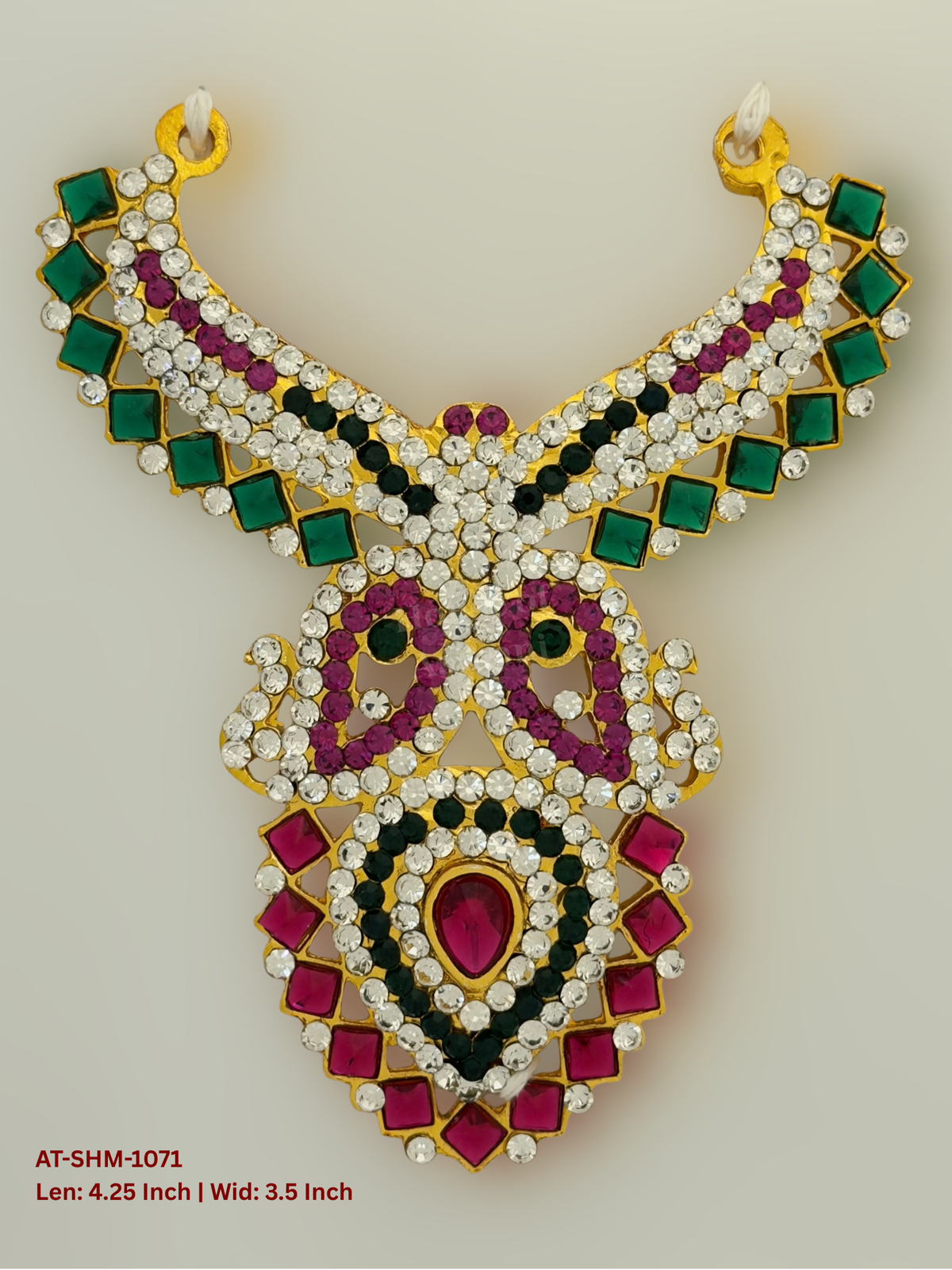 Elevate your deity alankaram with our traditional gold-plated 4.25-inch Swamy Haram with Fuchsia Pink, Green, White Coloured Stones.