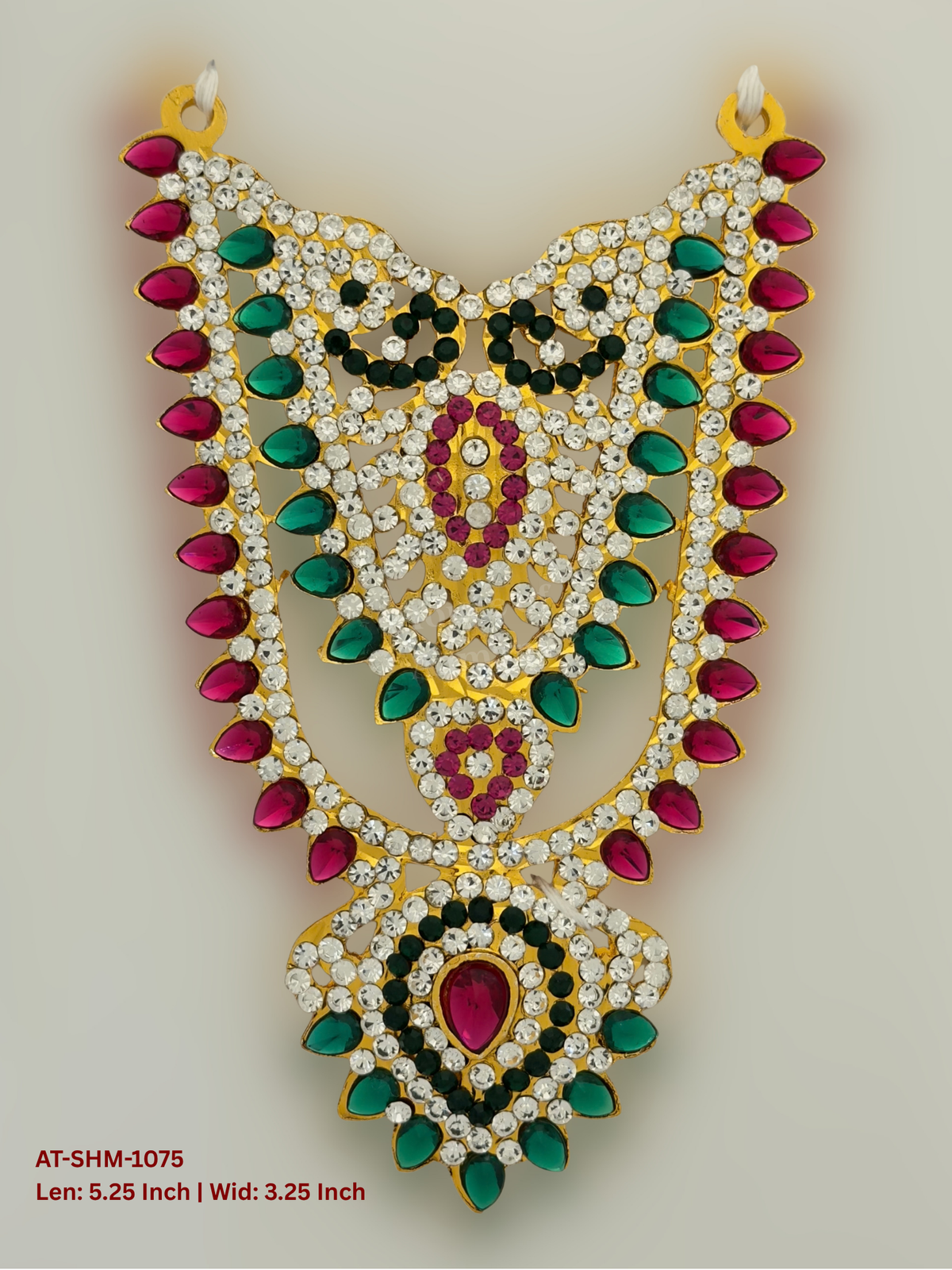 Elevate your deity alankaram with our traditional gold-plated 5.25-inch Swamy Haram with Fuchsia Pink, Green, White Coloured Stones.