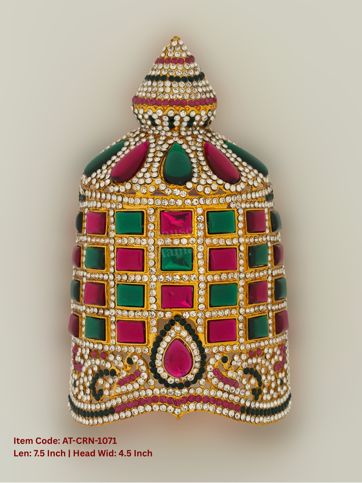 Elevate your deity alankaram with our traditional gold-plated 7.5-inch Crown with Fuchsia Pink, Green, White Coloured Stones.