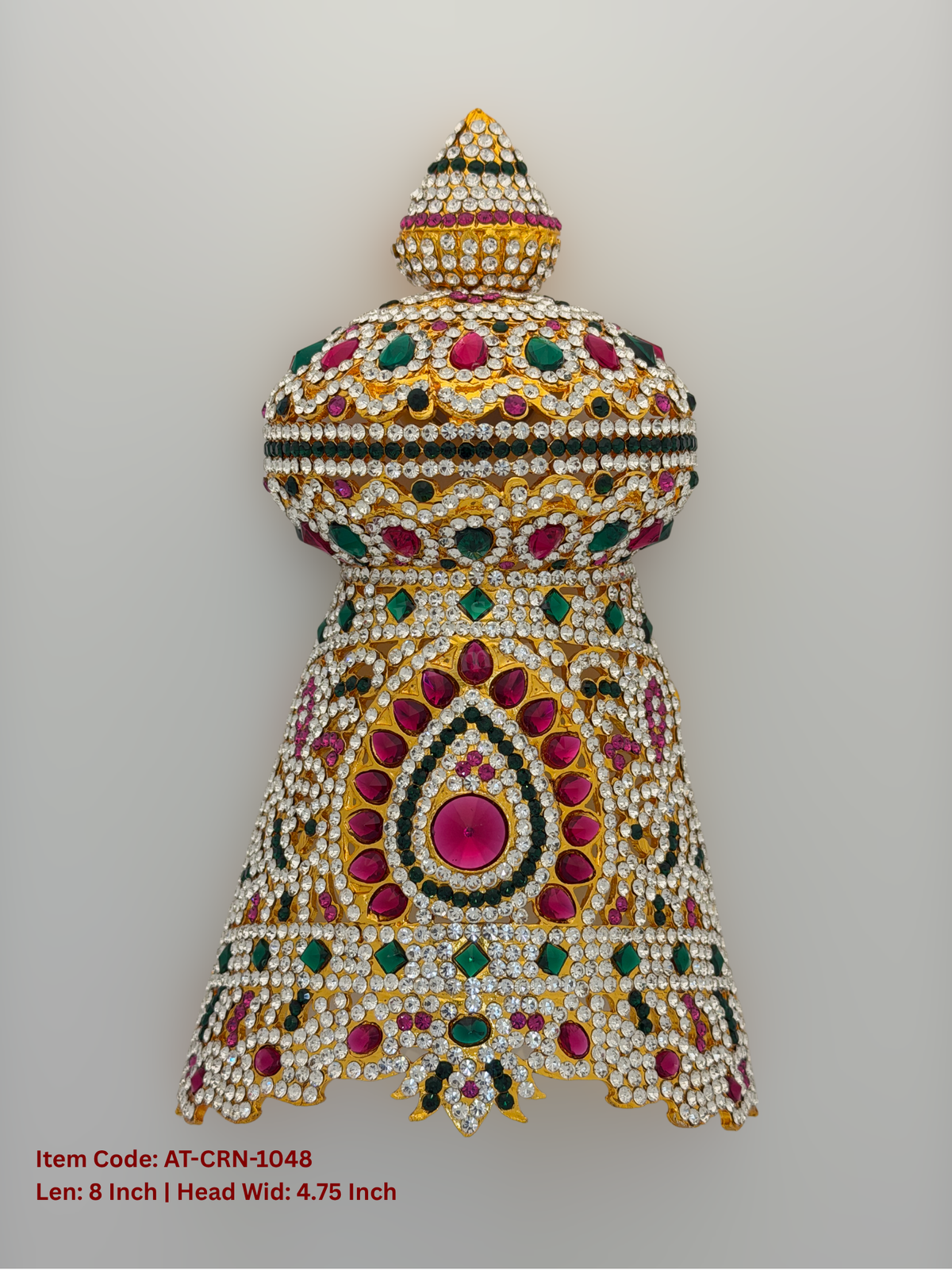Elevate your deity alankaram with our traditional gold-plated 8-inch Crown with Fuchsia Pink, Green, White Coloured Stones.
