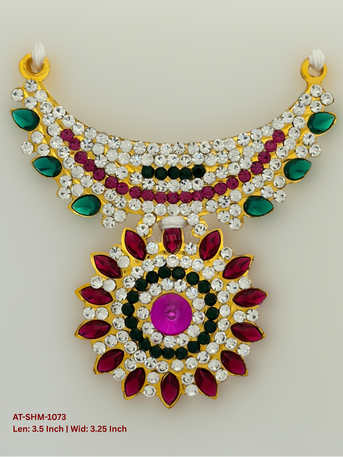 Elevate your deity alankaram with our traditional gold-plated 3.5-inch Swamy Haram with Fuchsia Pink, Green, White Coloured Stones.