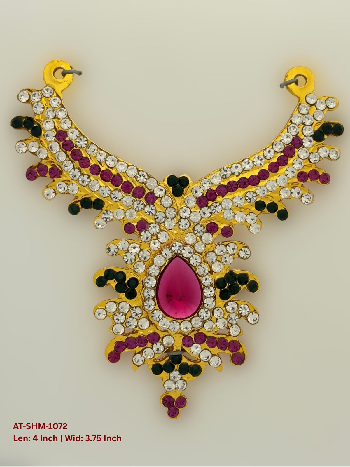 Elevate your deity alankaram with our traditional gold-plated 4-inch Swamy Haram with Fuchsia Pink, Green, White Coloured Stones.