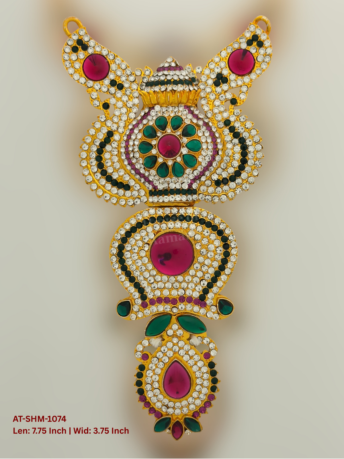 Elevate your deity alankaram with our traditional gold-plated 7.75-inch Swamy Haram with Fuchsia Pink, Green, White Coloured Stones.