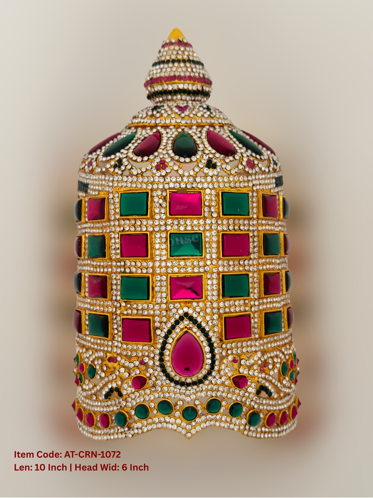 Elevate your deity alankaram with our traditional gold-plated 10-inch Crown with Fuchsia Pink, Green, White Coloured Stones.