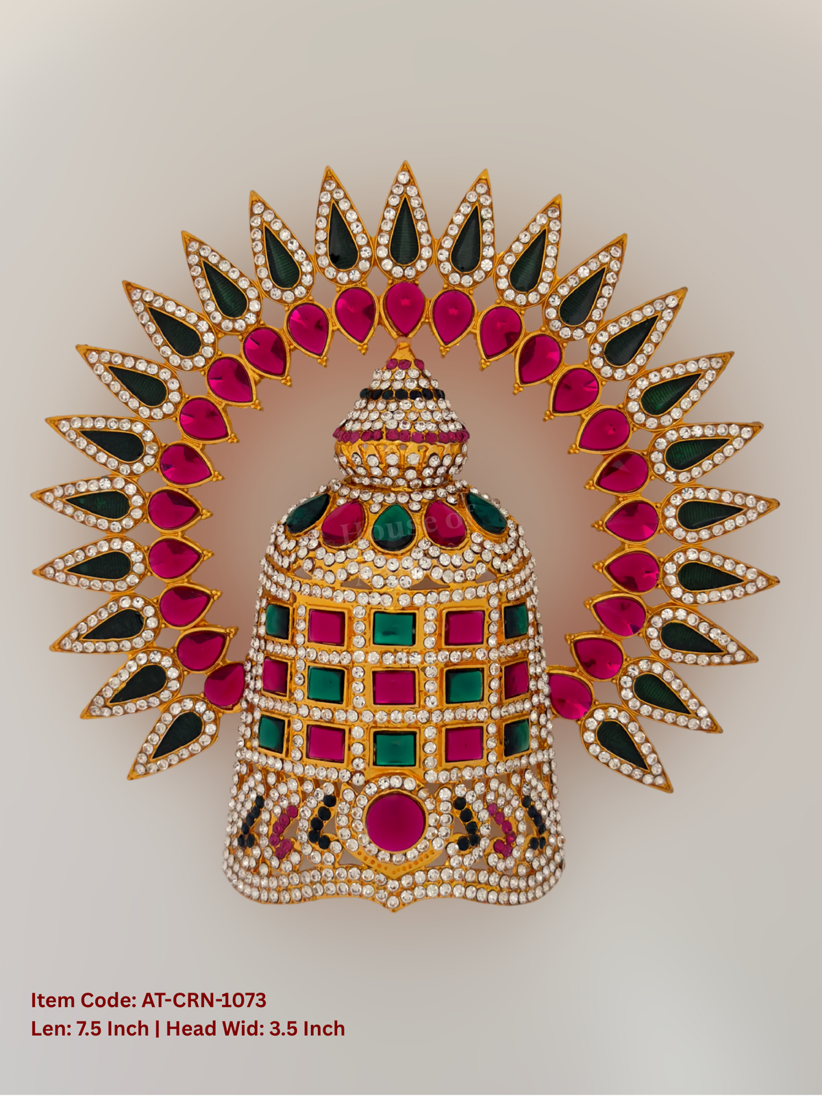 Elevate your deity alankaram with our traditional gold-plated 7.5-inch Crown with Fuchsia Pink, Green, White Coloured Stones.