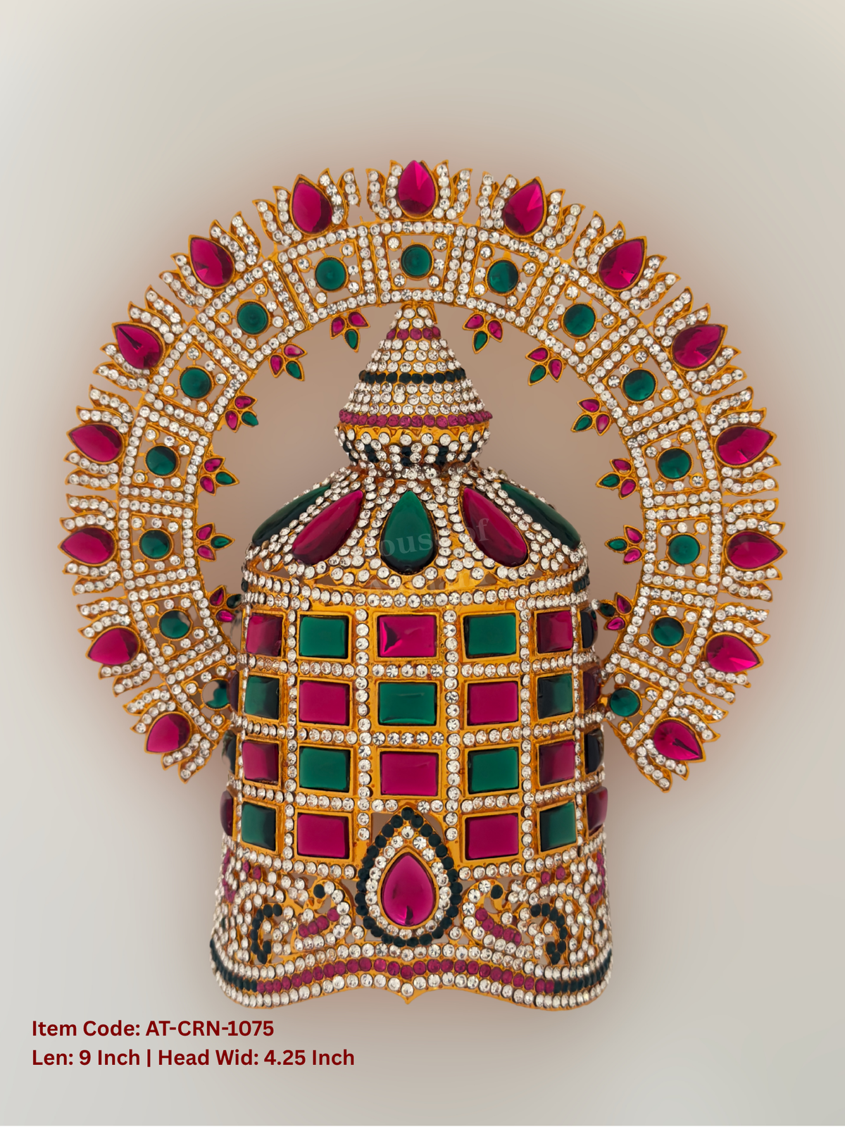 Elevate your deity alankaram with our traditional gold-plated 9-inch Crown with Fuchsia Pink, Green, White Coloured Stones.