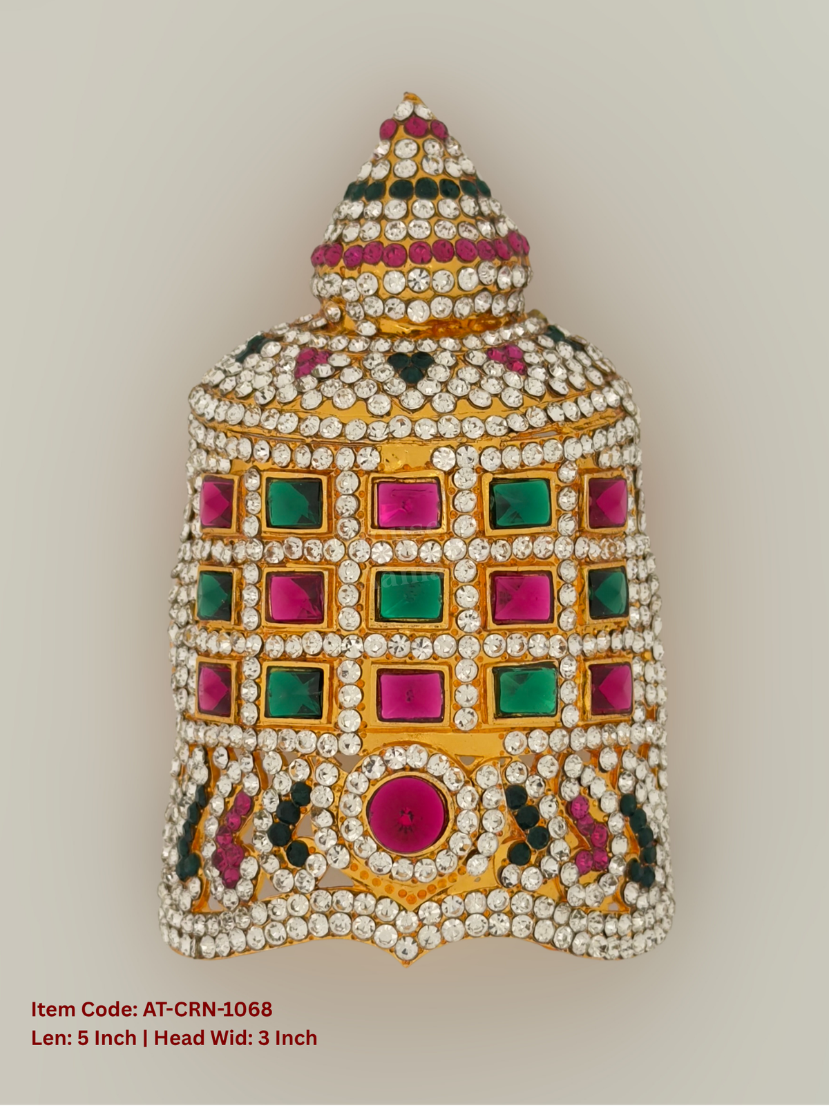 Elevate your deity alankaram with our traditional gold-plated 5-inch Crown with Fuchsia Pink, Green, White Coloured Stones.