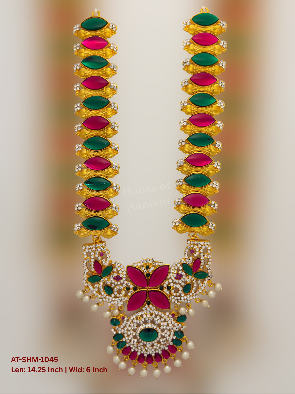 Elevate your deity alankaram with our traditional gold-plated 14.25-inch Swamy Haram with Fuchsia Pink, Green, White Coloured Stones.