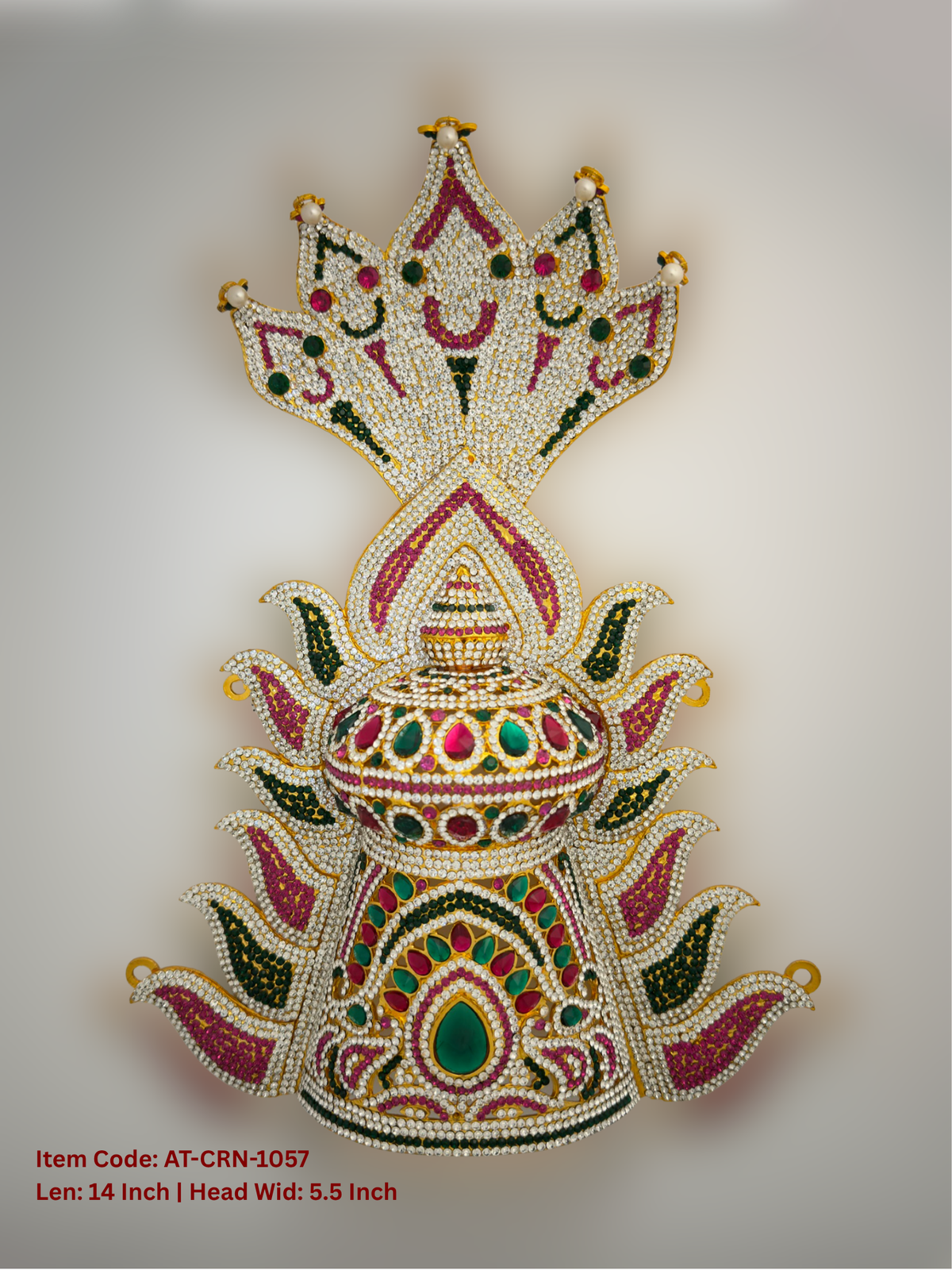 Elevate your deity alankaram with our traditional gold-plated 14-inch Crown with Fuchsia Pink, Green, White Coloured Stones.