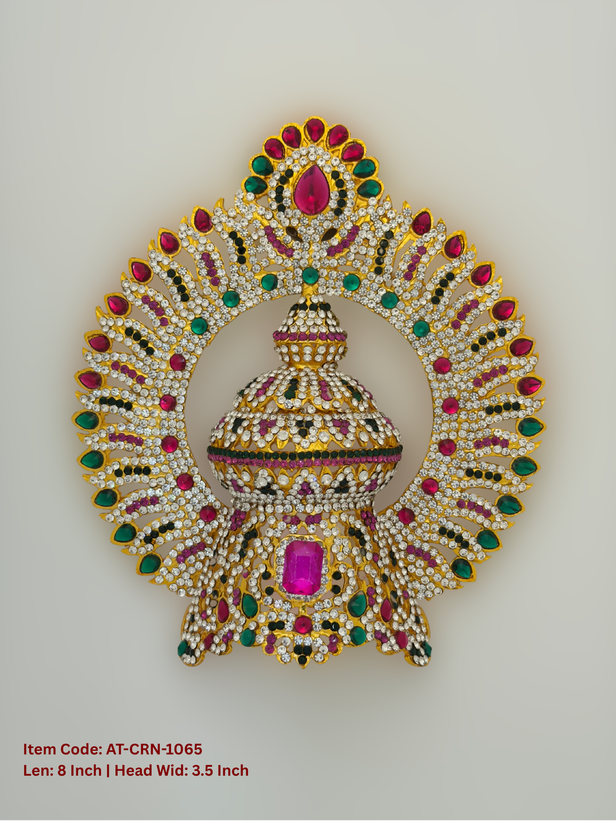 Elevate your deity alankaram with our traditional gold-plated 8-inch Crown with Fuchsia Pink, Green, White Coloured Stones.