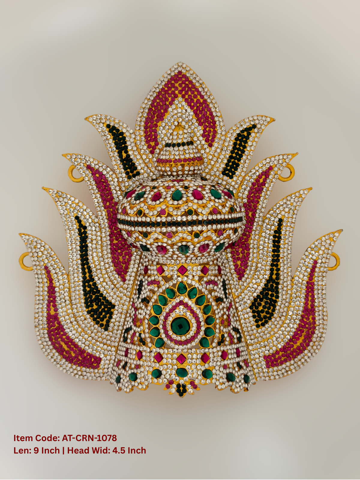Elevate your deity alankaram with our traditional gold-plated 9-inch Crown with Fuchsia Pink, Green, White Coloured Stones.
