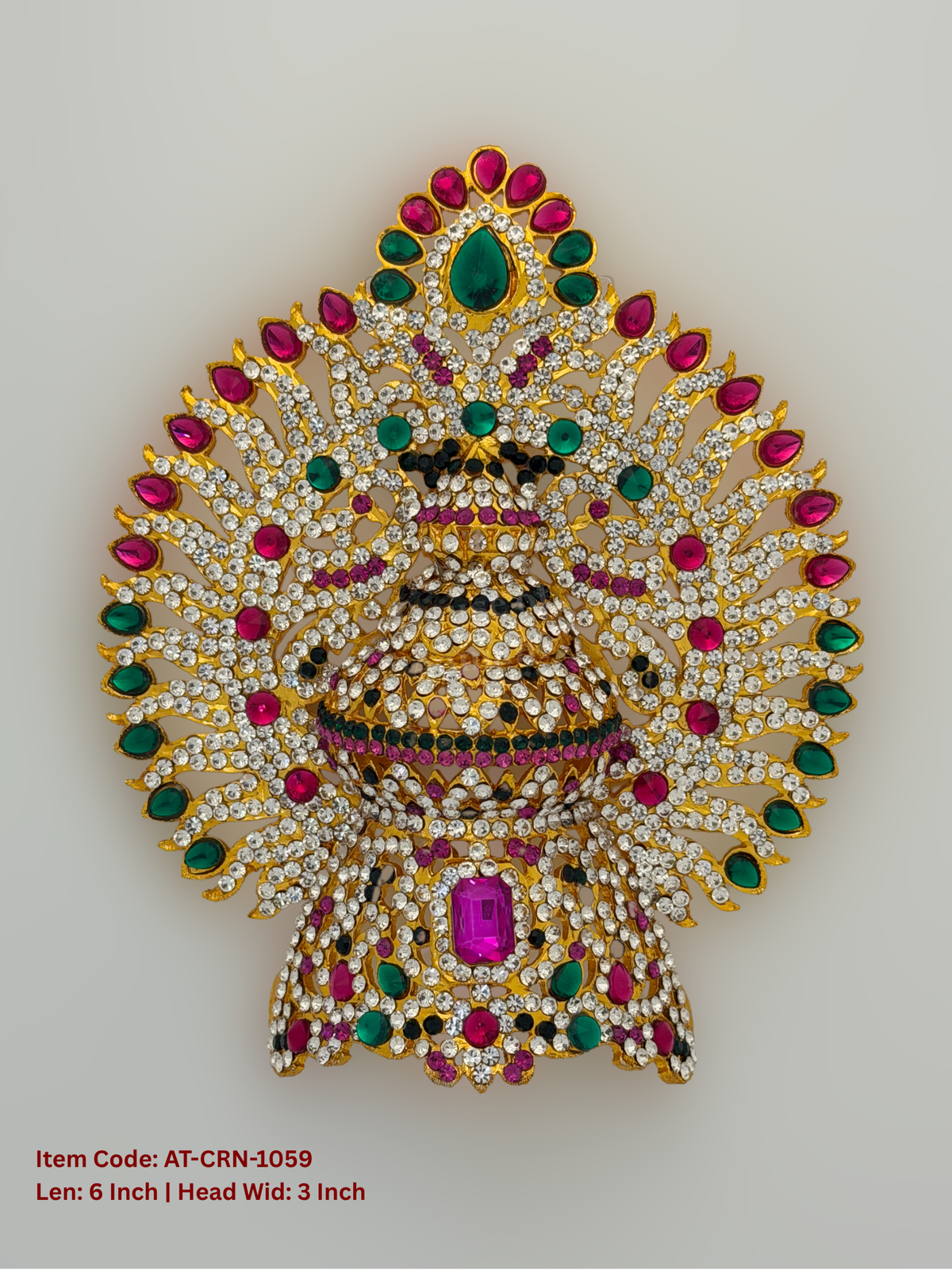 Elevate your deity alankaram with our traditional gold-plated 6-inch Crown with Fuchsia Pink, Green, White Coloured Stones.