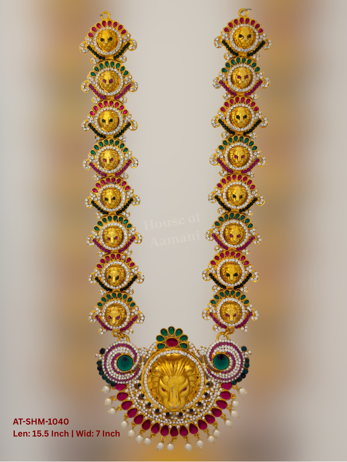 Elevate your deity alankaram with our traditional gold-plated 15.5-inch Swamy Haram with Fuchsia Pink, Green, White Coloured Stones.