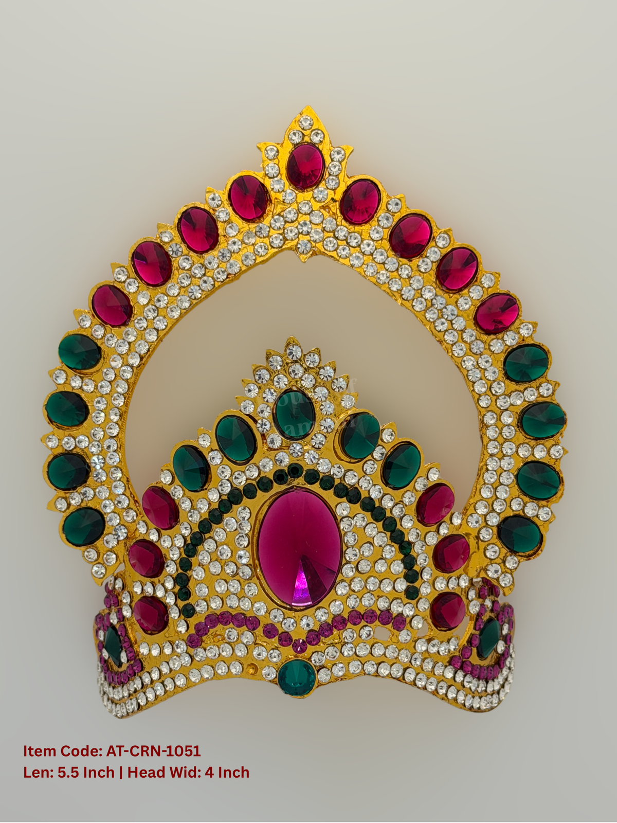 Elevate your deity alankaram with our traditional gold-plated 5.5-inch Crown with Fuchsia Pink, Green, White Coloured Stones.