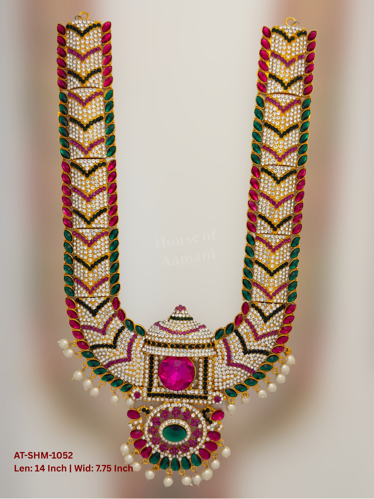 Elevate your deity alankaram with our traditional gold-plated 14-inch Swamy Haram with Fuchsia Pink, Green, White Coloured Stones.