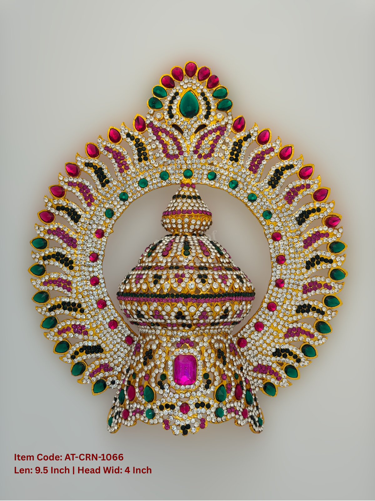 Elevate your deity alankaram with our traditional gold-plated 9.5-inch Crown with Fuchsia Pink, Green, White Coloured Stones.