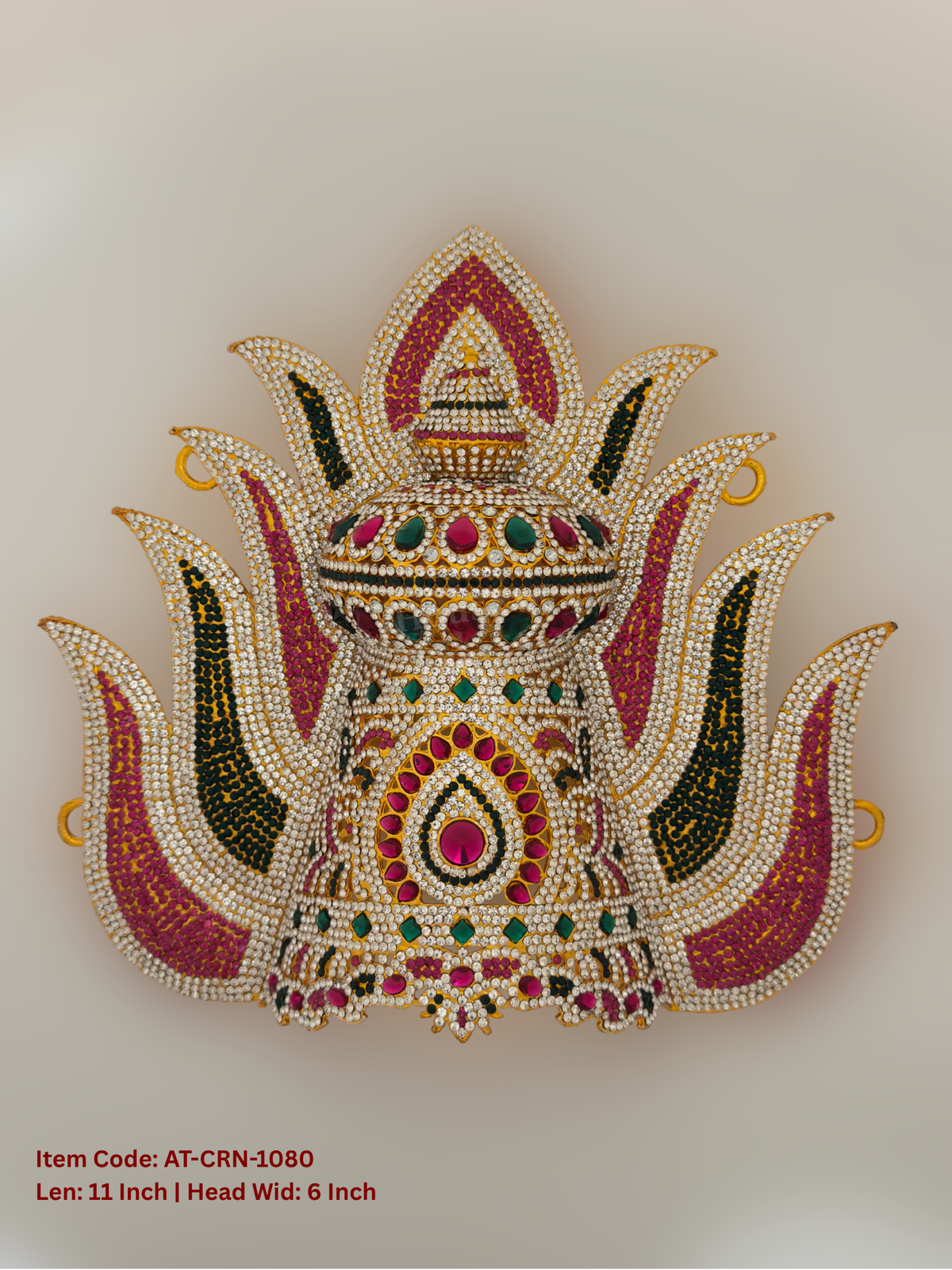 Elevate your deity alankaram with our traditional gold-plated 11-inch Crown with Fuchsia Pink, Green, White Coloured Stones.