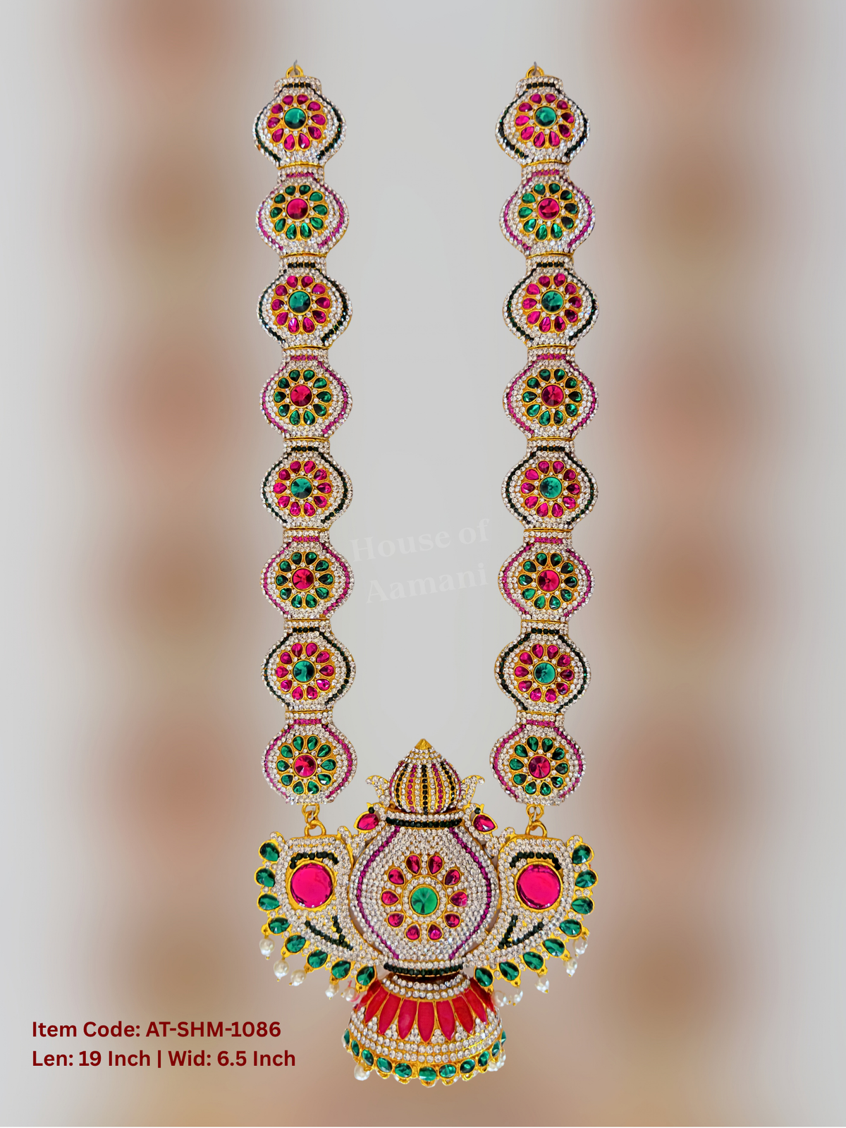 Elevate your deity alankaram with our traditional gold-plated 24-inch Swamy Haram with Fuchsia Pink, Green, White Coloured Stones.