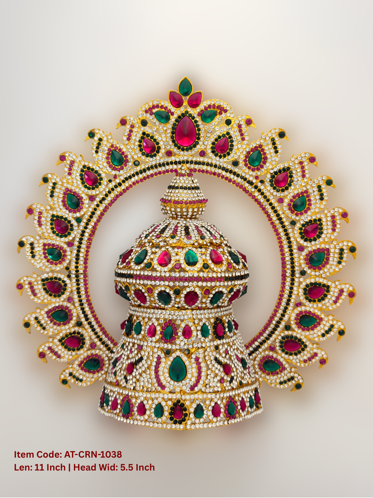 Elevate your deity alankaram with our traditional gold-plated 11-inch Crown with Fuchsia Pink, Green, White Coloured Stones.